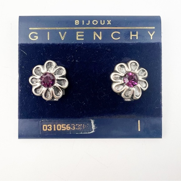 NEW Vintage Givenchy Bijoux Flower Purple Facet Silver Tone Clip-On Earrings - Picture 1 of 9